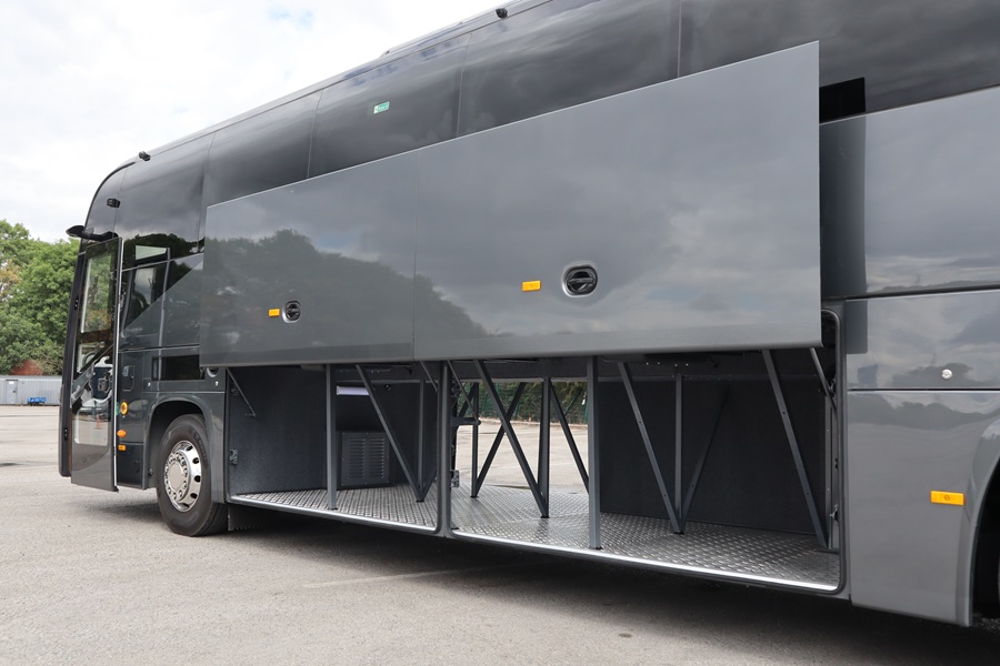 Luggage bay doors to storage area under floor of coach